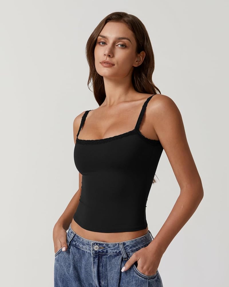 QINSEN Womens Sexy Tank Tops with Lace Trims Spaghetti Strap